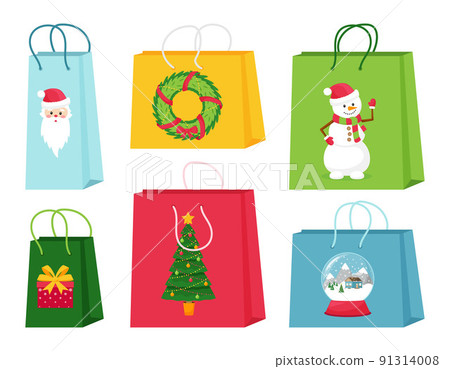 A set of gift or shopping bags with Christmas elements. Cute illustrations with characters and symbols of Christmas. Isolated vector illustrations on a white background. A set of gift or shopping bags with Christmas elements. Cute illustrations with characters and symbols of Christmas. Isolated vector illustrations on a white background. 91314008
