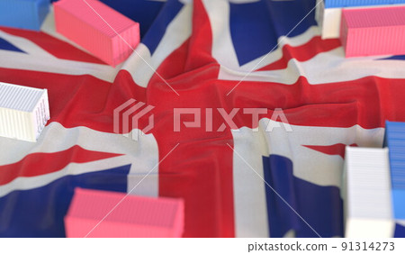 Flag of the United Kingdom UK and small cargo containers, export or import related 3D rendering Flag of the United Kingdom UK and small cargo containers, export or import related 3D rendering 91314273