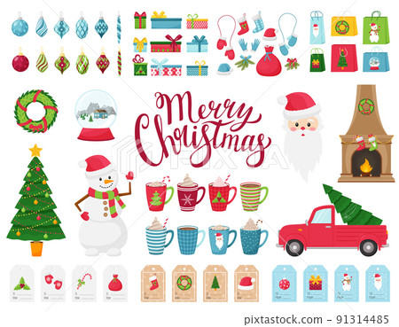 A large set of design elements on the theme of winter and Christmas. A collection of flat-style decorations. Cartoon characters, Christmas tree, gifts, Christmas toys. Isolated on a white background. A large set of design elements on the theme of winter and Christmas. A collection of flat-style decorations. Cartoon characters, Christmas tree, gifts, Christmas toys. Isolated on a white background. 91314485