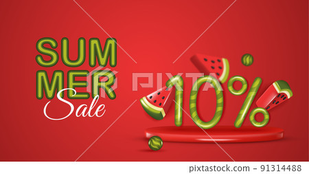 Summer sale poster with 3d slices of watermelon on red background. Summer watermelon background. Summer sale poster with 3d slices of watermelon on red background. Summer watermelon background. 91314488