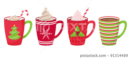 Set of mugs with coffee, tea, cocoa with marshmallow, straw and whipped cream and decorative topping. Hot drinks in mugs with Christmas patterns and elements. Red tones. Flat style, isolated on white. 91314489