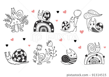 collection of cute snails with decorative flowers, on fly agaric mushroom and on rainbow, with balloon and cochlea sailor. Linear hand drawing. Vector illustration. Isolated elements for design, decor collection of cute snails with decorative flowers, on fly agaric mushroom and on rainbow, with balloon and cochlea sailor. Linear hand drawing. Vector illustration. Isolated elements for design, decor 91314515
