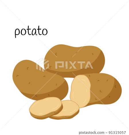 Whole raw potatoes, slices and half in cross section. Vegetable, root vegetable, ingredient, food packaging design element, recipes, menu. Isolated on white vector illustration in flat style. 91315057