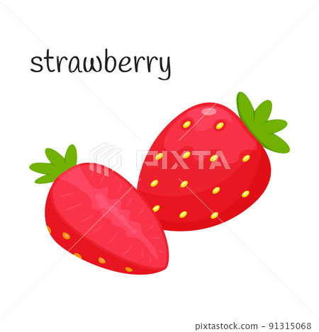 Simple strawberry with leaves. Whole and half. A single illustration. Fruit, berry icon. Flat design. Color vector illustration isolated on a white background. 91315068