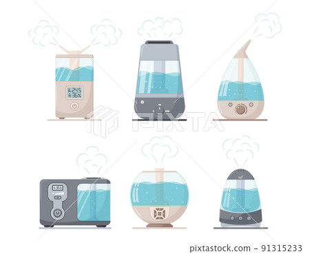 A set of steam ultrasonic humidifiers of different shapes. Household appliances for the home. A mist generator. vector illustrations in flat style. isolated on a white background. 91315233