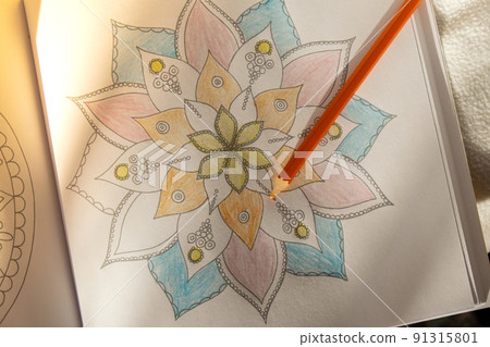 Mandalas antistress page to combat stress. Relaxing hobby mental wellbeing and art therapy. Meditative process of coloring pages. Self expression by art  91315801