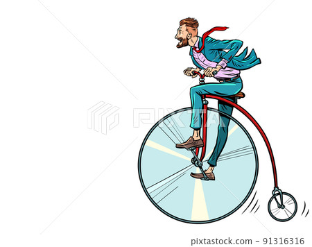 Penny-farthing retro bike, big wheel. Businessman rides forward fast, progress 91316316