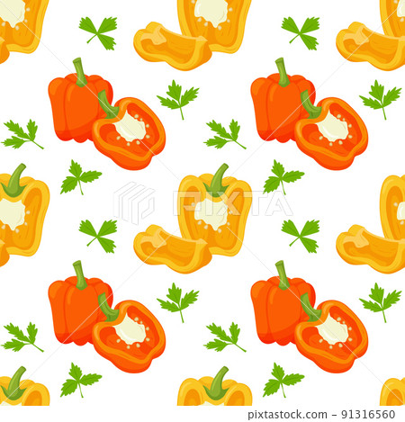 Seamless pattern with peppers. Simple color pattern with vegetables. The elements in the flat style are isolated without a background. For the design of kitchen accessories and food packaging 91316560