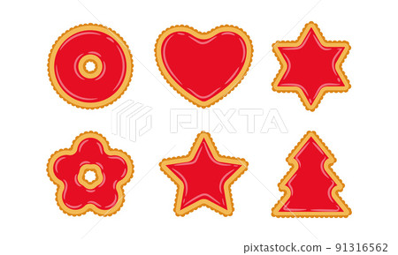 Set of cookies of different shapes with red jelly filling. Fat, high-calorie, unhealthy food. Dessert, yummy, delicious. Illustration in cartoon flat style. Isolated on a white background. 91316562