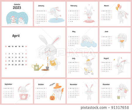 All pages of the calendar for 2023 with a cute rabbit character, the Chinese symbol of the year. A set of illustrations with a children's character in pastel colors. Vector on a white background. All pages of the calendar for 2023 with a cute rabbit character, the Chinese symbol of the year. A set of illustrations with a children's character in pastel colors. Vector on a white background. 91317658