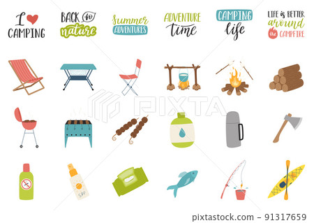 A set of decorative elements and lettering on the theme of summer, vacation, tourism, hiking, camping, picnic. Hand drawn flat icons. Color cartoon vector illustration isolated on a white background A set of decorative elements and lettering on the theme of summer, vacation, tourism, hiking, camping, picnic. Hand drawn flat icons. Color cartoon vector illustration isolated on a white background 91317659