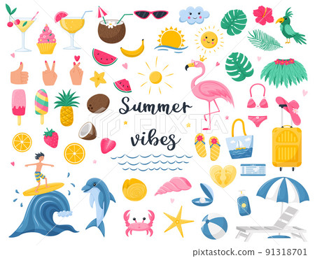A set of bright summer decorative elements. Fruit, beach accessories, flamingo, surfer, fruit. Cute vector illustrations in Flat cartoon style isolated on white background. 91318701