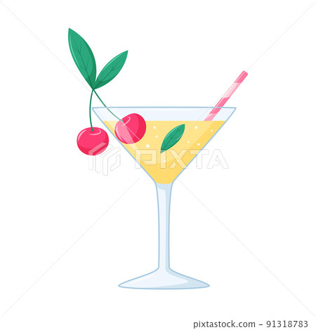 Summer beach drink with cherry berries in a transparent cocktail glass with a straw and leaves. Useful beverage in cartoon style on a white background. Vector illustration Summer beach drink with cherry berries in a transparent cocktail glass with a straw and leaves. Useful beverage in cartoon style on a white background. Vector illustration 91318783
