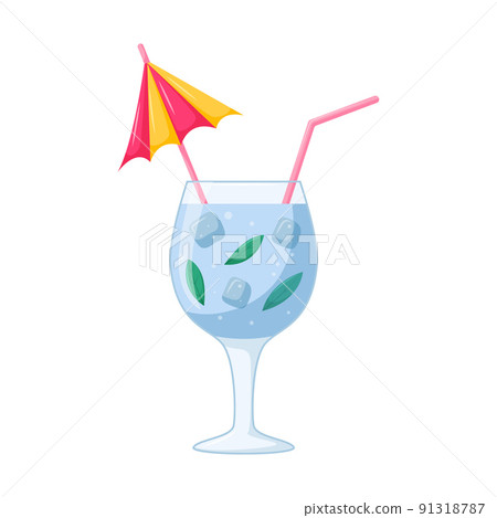 Summer beach ice cocktail. A refreshing mixed drink with ice cubes and mint leaves in a transparent wine glass with a straw. Healthy beverage in cartoon style on white background. Vector illustration Summer beach ice cocktail. A refreshing mixed drink with ice cubes and mint leaves in a transparent wine glass with a straw. Healthy beverage in cartoon style on white background. Vector illustration 91318787