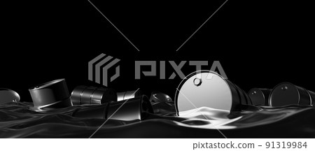 Oil barrels floating on crude oil 3Drender 91319984