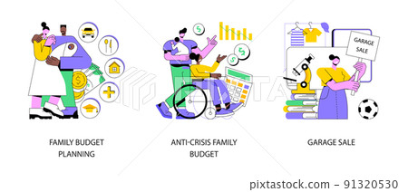 Family income abstract concept vector illustration set. Family budget planning, anti-crisis family budget, garage sale, expense management, financial household plan, flea market abstract metaphor. 91320530
