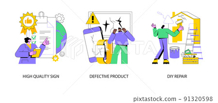Product quality abstract concept vector illustration set. High quality sign, defective product, DIY repair, ISO certification, broken equipment, repair manual, video tutorial abstract metaphor. Product quality abstract concept vector illustration set. High quality sign, defective product, DIY repair, ISO certification, broken equipment, repair manual, video tutorial abstract metaphor. 91320598