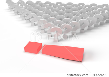 A red exclamation mark lies next to a lot of question marks.  91322648