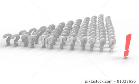 3d render of a row of question marks with a red exclamation mark on a white background.  91322650