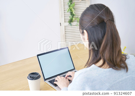 A lady who uses a laptop in the living room A lady who uses a laptop in the living room 91324607