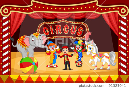 Cartoon circus performers on circus arena with clowns, tamer and animals 91325041