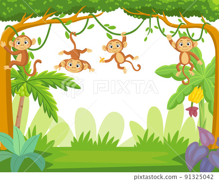 Group of little monkey hanging on tree branch Group of little monkey hanging on tree branch 91325042