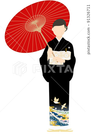 Senior woman with black tomesode (in kimono), holding an umbrella Senior woman with black tomesode (in kimono), holding an umbrella 91326711