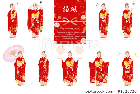 A woman with furisode, a pose set in kimono, doubts, worries, accepting, pointing, etc. A woman with furisode, a pose set in kimono, doubts, worries, accepting, pointing, etc. 91326726