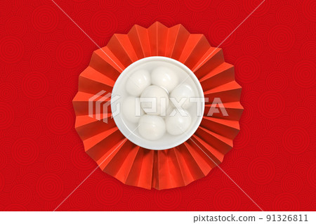 紅色祥紋背景圓形折紙上擺放的壹碗湯圓元宵節快樂海報背景 91326811
