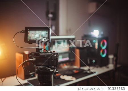 Camera film set on the tripod gear of cinematography 91328383