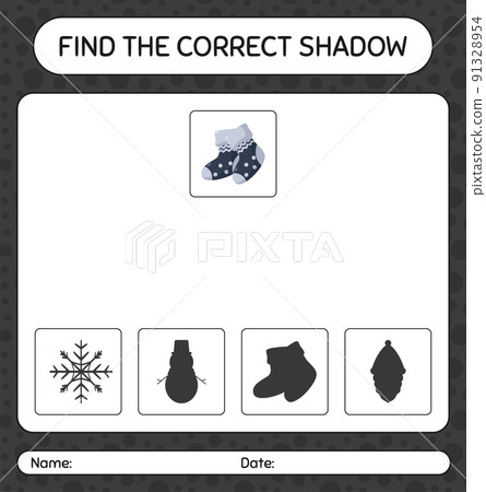 Find the correct shadows game with sock. worksheet for preschool kids, kids activity sheet 91328954