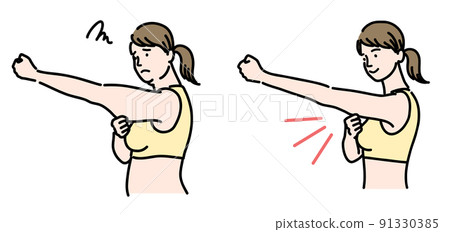 A set of young women pinching the meat of their upper arms 91330385