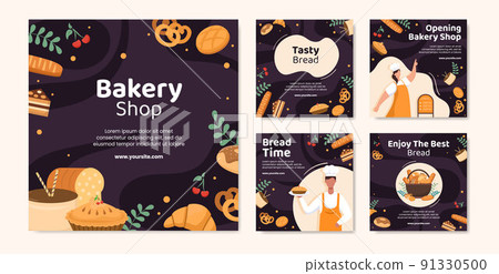 Bakery Shop Social Media Post Template Flat Cartoon Background Vector Illustration 91330500