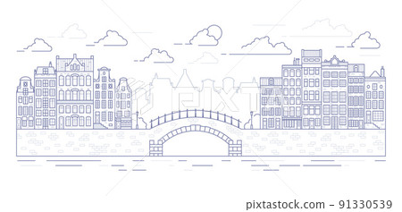Amsterdam old style houses. Typical dutch canal homes lined up near a canal in the Netherlands. Building and facades on bridge. Vector outline illustration. Amsterdam old style houses. Typical dutch canal homes lined up near a canal in the Netherlands. Building and facades on bridge. Vector outline illustration. 91330539