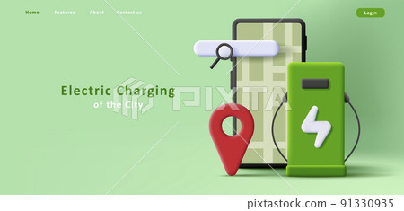 Electric charging point application, search on map for charger, smartphone 3d illustration Electric charging point application, search on map for charger, smartphone 3d illustration 91330935