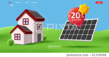 Web banner with discount on sun energy panels with 3d illustration of house Web banner with discount on sun energy panels with 3d illustration of house 91330946