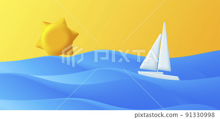 3d bright illustration, blue ocean with yacht and sun 3d bright illustration, blue ocean with yacht and sun 91330998
