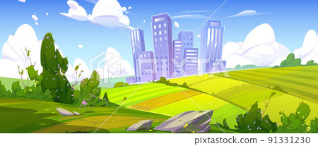 Summer scene with fields and city skyline 91331230