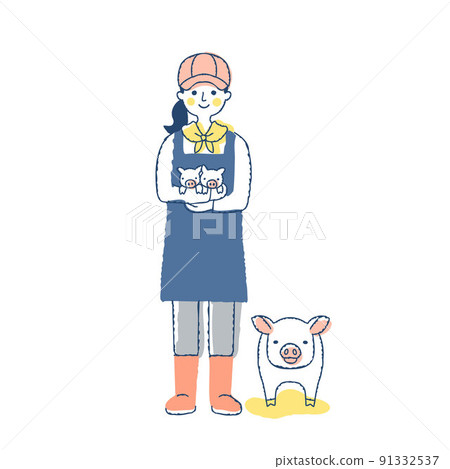 養豬農婦和豬抱著小豬 91332537