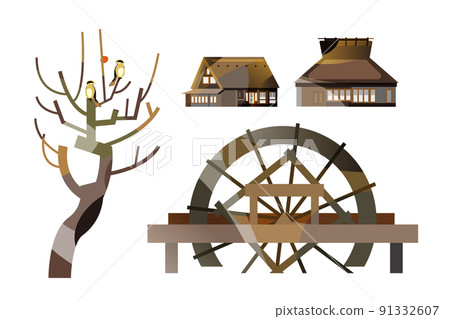 A beautiful mountain village with a Japanese old folk house, gassho-zukuri and a water wheel. 91332607