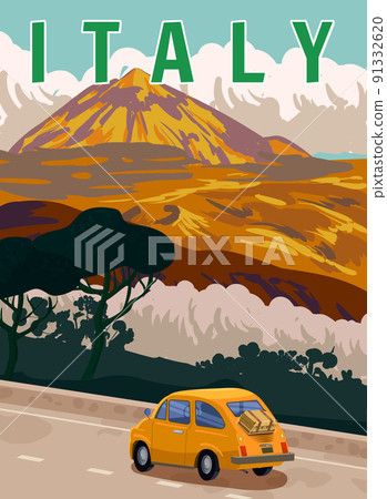Retro Poster Italy. Road retro car, mediterranean romantic landscape, mountains. Retro travel poster 91332620