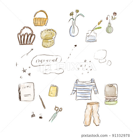 Hand-painted watercolor style, simple and natural illustration material set of daily life miscellaneous goods 91332978