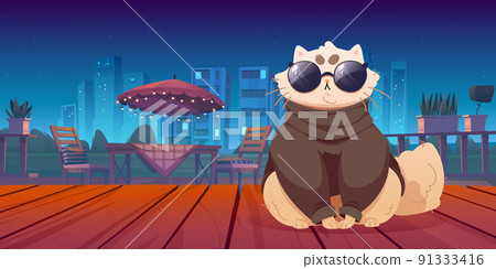 Cute cat sitting on wooden terrace with night view 91333416