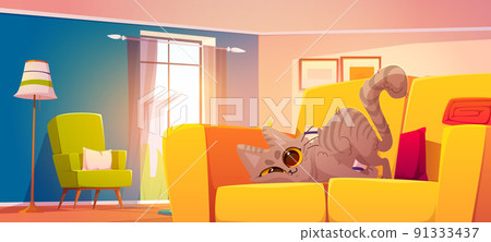 Living room with cute cat lying on pillow on sofa 91333437