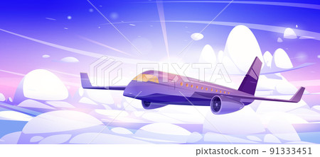 Plane fly in sky with white fluffy clouds and sun Plane fly in sky with white fluffy clouds and sun 91333451