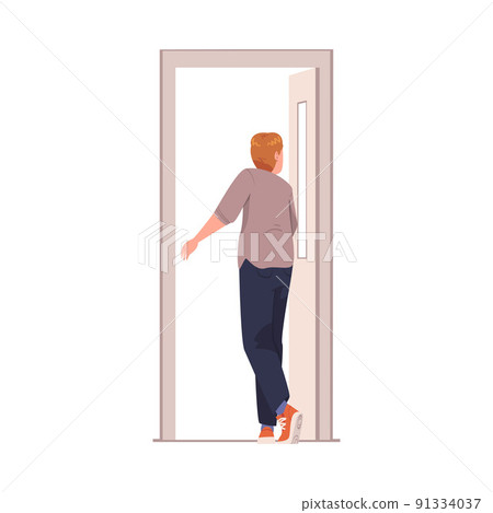 Man Character at Open Door Leaving Home Going Out Vector Illustration Man Character at Open Door Leaving Home Going Out Vector Illustration 91334037