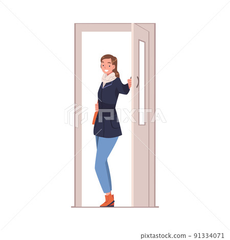 Woman Character at the Door Opening and Closing It Entering or Leaving Home Vector Illustration Woman Character at the Door Opening and Closing It Entering or Leaving Home Vector Illustration 91334071