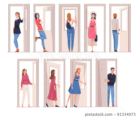 People Character at the Door Opening and Closing It Entering and Leaving Home Vector Illustration Set People Character at the Door Opening and Closing It Entering and Leaving Home Vector Illustration Set 91334073