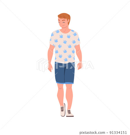 Walking Man Character Strolling in the Street and Smiling Vector Illustration 91334151