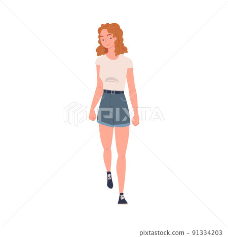 Walking Woman Character Strolling in the Street and Smiling Vector Illustration Walking Woman Character Strolling in the Street and Smiling Vector Illustration 91334203